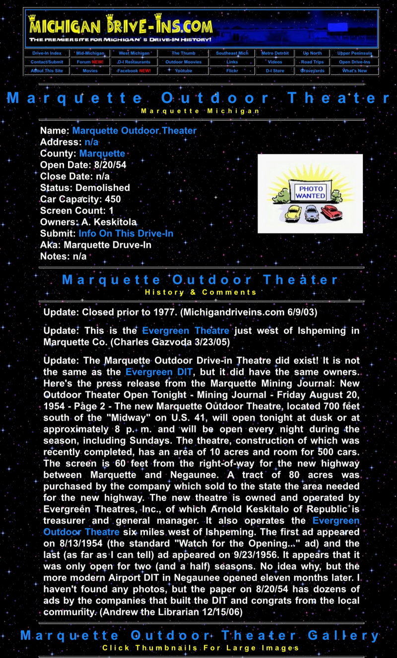 Marquette Outdoor Theatre - Michigan Drive-Ins Entry From Web Archive Dot Org